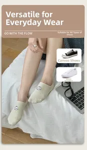 Close-up of beige ribbed low-cut socks with cartoon embroidery and shoe pairing details