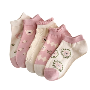 Five pack of cute pink cotton low cut socks featuring cartoon bear and floral patterns