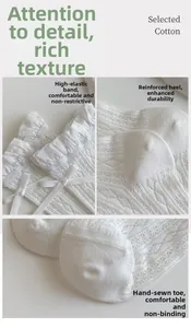 Detail of white mesh lace socks featuring satin bows and breathable pointelle texture