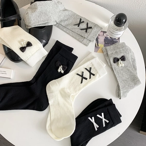 Women Crew Socks Ribbed Cotton Ribbon Bow Artificial Pearl Sweet Lolita JK Style Breathable Elastic Soft Mid Calf Leg Hosiery
