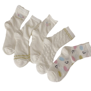 5-pack cute mesh crew socks for women featuring smiley faces and colorful polka dots