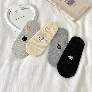 Women Invisible No Show Socks Cotton Slub Yarn Animal Embroidery Cartoon Dog Cat Thin Breathable Non Slip Low Cut