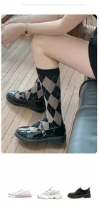 Detail of argyle calf socks in black and brown paired with Mary Jane shoes