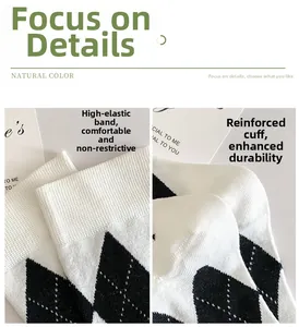 Detailed view of argyle patterned socks with reinforced high-elastic ribbed cuffs