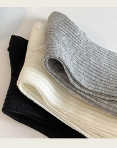 Detailed texture of ribbed cotton blend crew socks in black, white, and grey colors