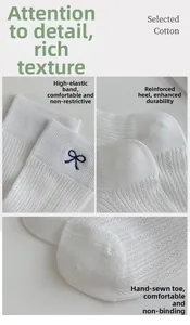 Detail of high-elastic rib cuffs and reinforced heel on white embroidered bow socks
