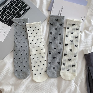 Women Cotton Mid Calf Socks Ruffle Trim Bow Polka Dot Japanese Style Mesh Breathable Sweet Lolita Hosiery