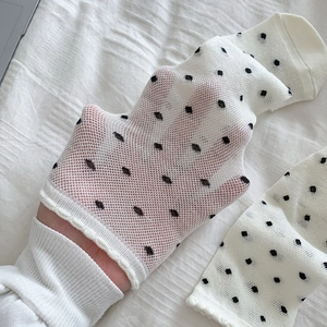 White polka dot mesh crew socks with ruffle trim and bow detail for Japanese JK style