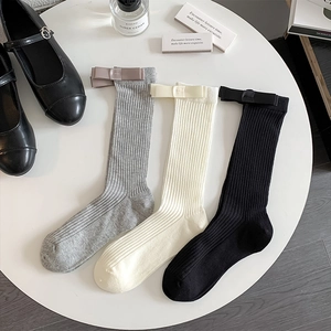 Women Cotton Mid Calf Socks Ribbed Mesh Breathable With Ribbon Bow JK Style Sweet Elegant Girls