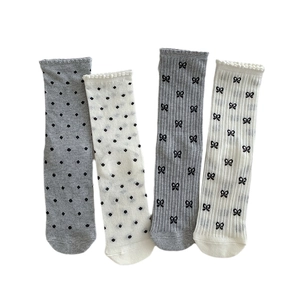 Japanese style mesh socks with bowknot and polka dots in white and gray colors