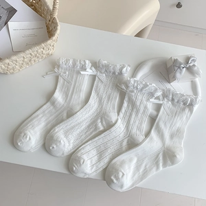 Women White Slouch Socks Cotton Blend Breathable Mesh Ruffle Trim Ribbon Bow Hollow Out Sweet Lolita JK Style Mid Calf
