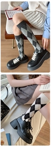 Detail of argyle pattern knee-high socks and black platform loafers in preppy style