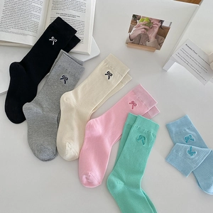Women's ballet-style mid-calf socks with delicate bow embroidery in six pastel colors