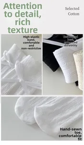 Détails du talon renforcé et de la pointe cousue main de chaussettes en dentelle blanche