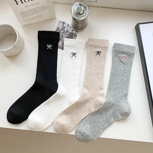 Women Cotton Slouch Socks With Bow Embroidery Ribbed Breathable Mid Calf Preppy Japanese Style Sweet
