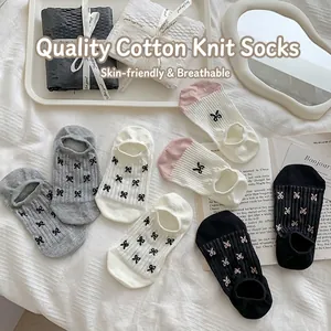Women's Japanese style bow invisible boat socks in assorted grey, white and pink colors