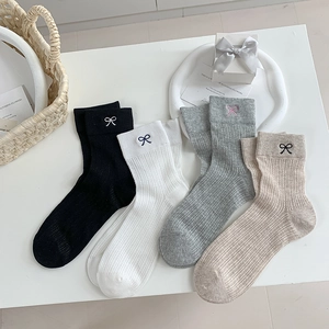 Women Crew Socks Cotton Blend Breathable Mesh Ribbed Knit Bow Embroidery Trendy Japanese Style Sweet Mid Calf Tube