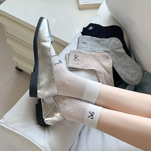 Japanese style mesh crew socks with bow embroidery and ribbed texture in multiple colors