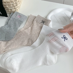 Breathable mesh mid-calf socks with bow embroidery in white, beige, and grey colors
