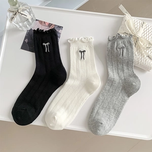 Women Cotton Mid Calf Socks Ruffle Edge Bow Embroidery Ribbed Sweet Style Solid Color
