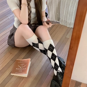 Japanese style argyle knit calf socks in black brown and white for school uniforms