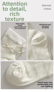 Detailansicht weißer Baumwollsocken mit Schleifen, verstärkter Ferse und glatter Naht