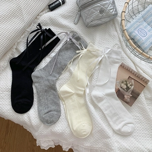 Women Cotton Blend Ribbed Crew Socks With Ribbon Bow Balletcore Sweet Japanese Style Breathable Mid Calf Hosiery