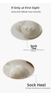 Detailed view of seamless toe and reinforced heel on white wool knit crew socks