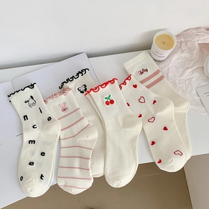Women Crew Socks Cotton Blend Ruffle Edge Embroidery Japanese Sweet Style Kawaii Cartoon Pattern Heart Cherry Rabbit