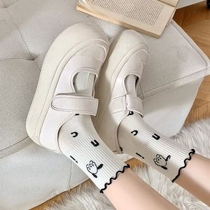 Japanese style white mid-calf socks with cute cartoon embroidery and ruffled edges
