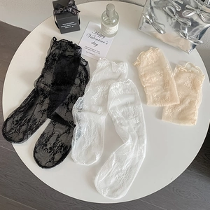 French retro lace crew socks in black, white and beige with ruffled mesh design
