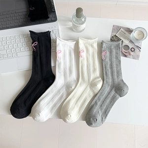 Chaussettes En Coton Femmes Broderie Nœud Douce Côtelées Respirantes Bord Roulé Mode Casual Bonneterie Quotidienne