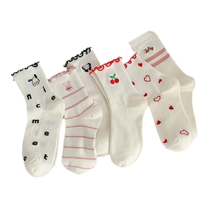 Five pack white socks with cute cartoon embroidery and lettuce edge trim for women