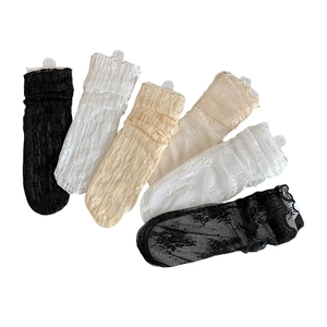 Lace ruffle crew socks with sheer floral pattern and mesh texture in assorted colors