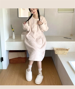 Cream white thick flannel house dress with button collar and elastic cuffs for winter