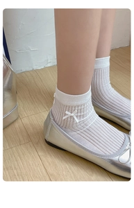 Detailansicht weißer Netzsocken mit Schleifen und silbernen Ballerina-Schuhen
