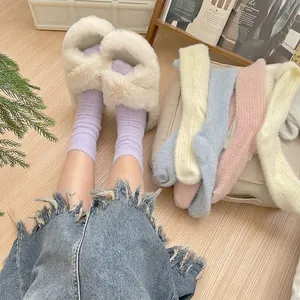 Winter thermal fleece socks set with fuzzy cross-band slippers in pastel macaron colors
