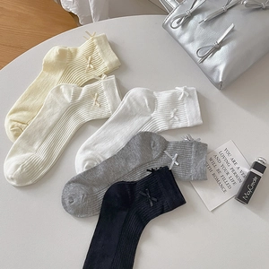 Damen Rippstrick Baumwollsocken Mit Schleife Japanischer Stil Süße Mittelhohe Atmungsaktive Sommerstrümpfe