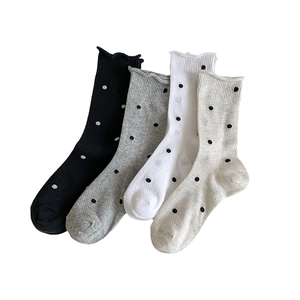 Breathable polka dot crew socks with lettuce trim in white, grey, and black set