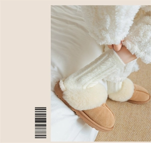 Cozy camel winter slippers with white plush faux fur trim and non-slip rubber soles