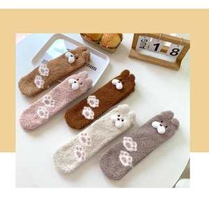 Five pairs of thick coral fleece socks with cute 3D cartoon bears in earthy tones