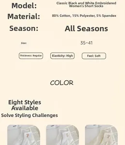 Detail list showing 80% cotton material and 35-41 size specs for embroidered mid-calf socks