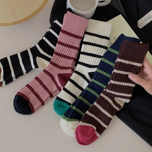 Striped Crew Socks Cotton Knit Warm Ribbed Mid Tube Contrast Toe Heel Vintage Japanese Style Casual Breathable Women