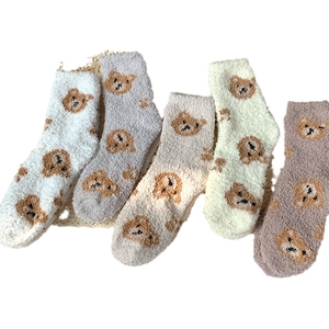 5-pack soft coral fleece winter socks for women with cute cartoon bear patterns