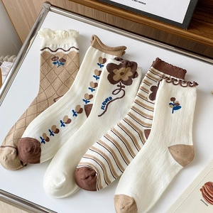 Women Crew Socks Cotton Blend Floral Embroidery Argyle Striped Wood Ear Edge Japanese Sweet Vintage Style