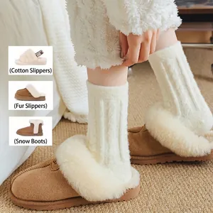 Thick warm white cable knit coral fleece mid-calf socks for winter sleep and home