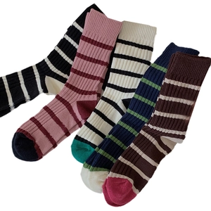 Five pack of striped retro crew socks with ribbed texture in various colors