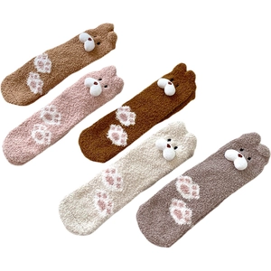Thick coral fleece socks for women featuring 3D cartoon animal heads and paw patterns