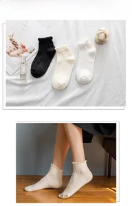 Close-up of ribbed knit texture and ruffled lace cuffs on stylish cotton ankle socks