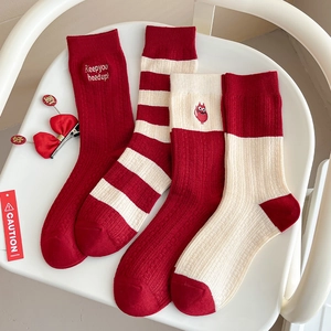 Women Red Wool Blend Crew Socks Winter Warm Thick Knitted Striped Patchwork Embroidery Slouchy Socks Festive Gift